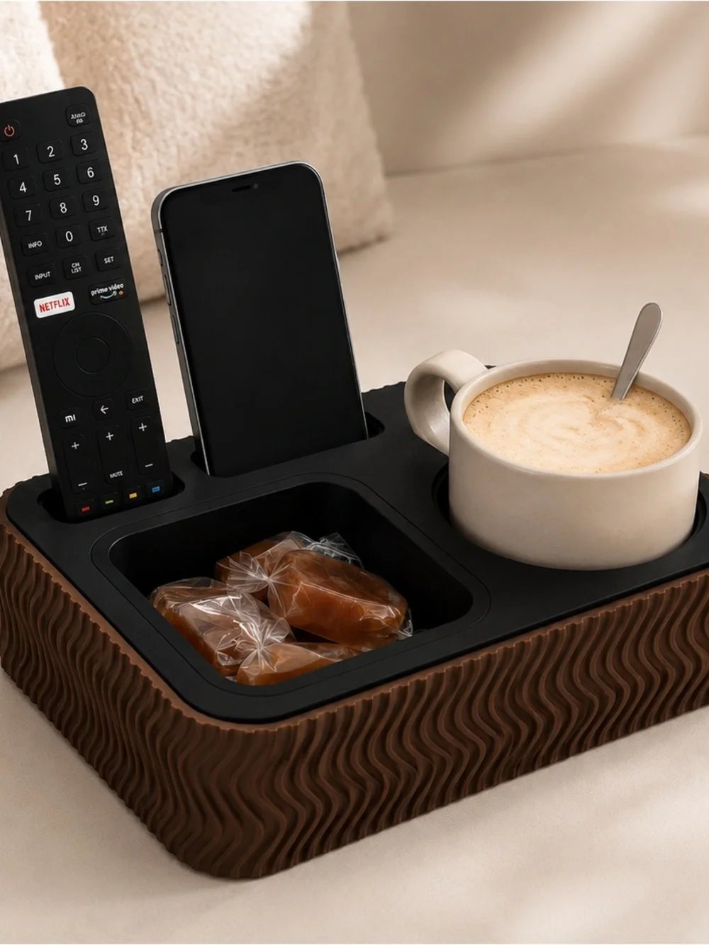 Multi-Compartment Couch Caddy Tray in Brown and Black